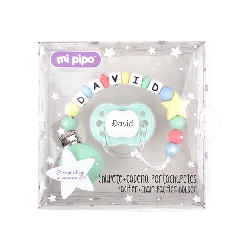 Cajita Chupete Beige + Cadenita de silicona Arcoíris Beige personalizada MI PIPO 268