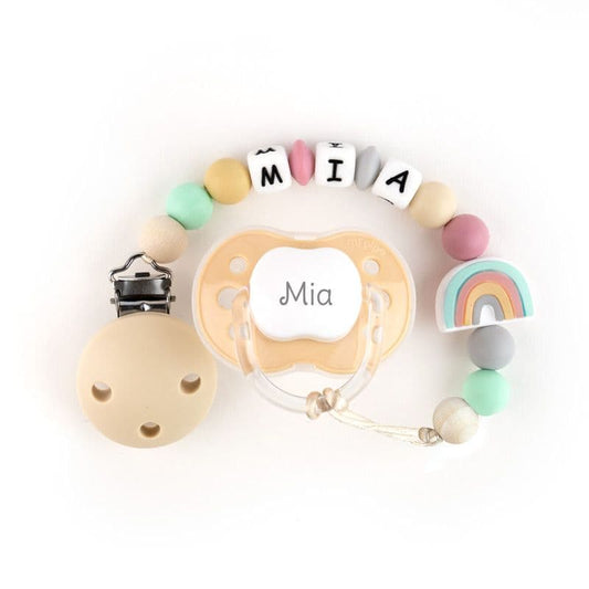 Cajita Chupete Beige + Cadenita de silicona Arcoíris Beige personalizada MI PIPO 268