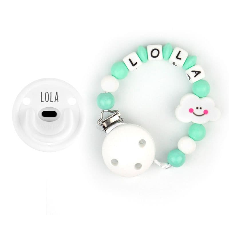 Caja chupete gummy blanco + cadenita silicona nube menta personalizada MI PIPO 332
