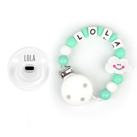 Caja chupete gummy blanco + cadenita silicona nube menta personalizada MI PIPO 332