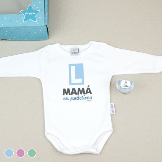 Caja regalo bebé body + chupete “Mamá en prácticas” MI PIPO 130