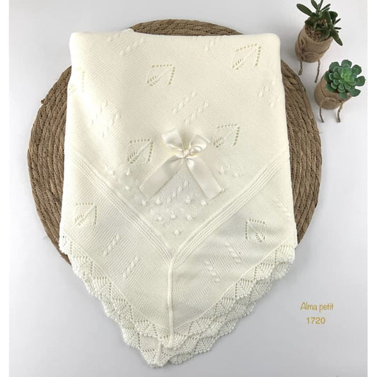 Xaile de lã quadrado para bebé com corações e laço cru (mod. 3366)