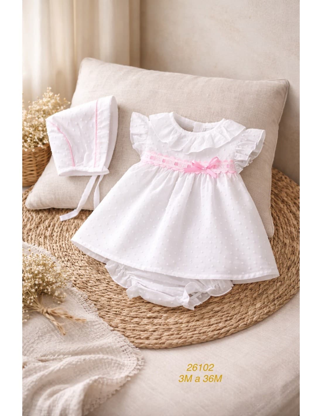 Conjunto bebé niña chambrita y braguita plumeti con lazo 622026102 – Fabricado en España