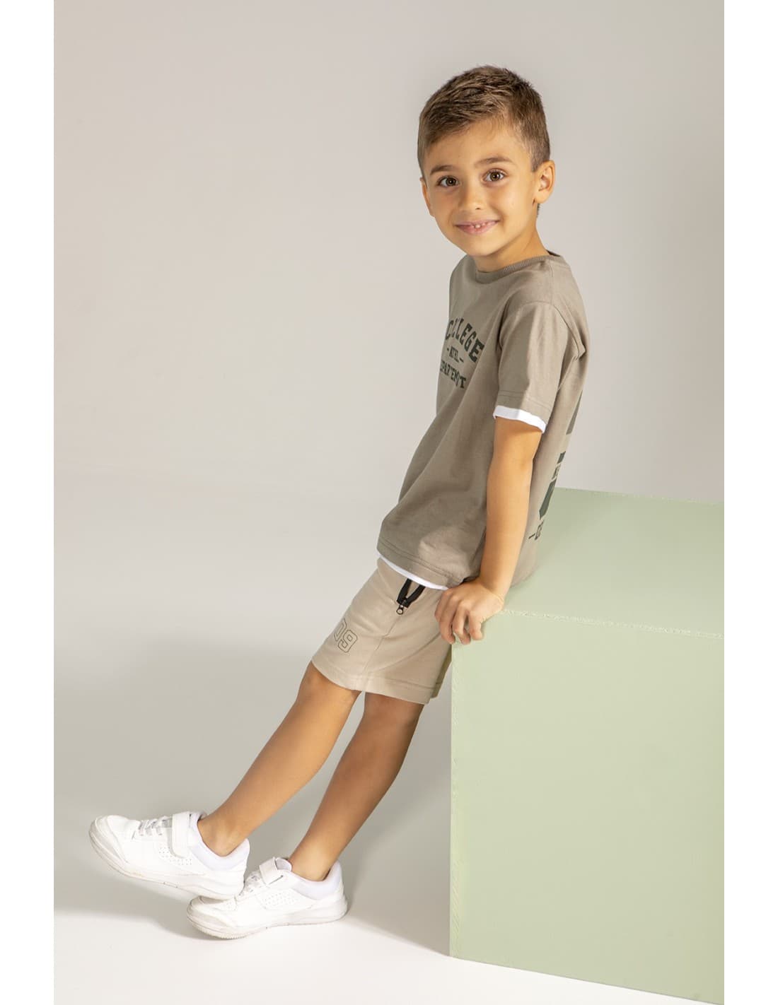 Conjunto niño verano dos piezas Babybol camiseta y bermuda beige estilo casual 622062309