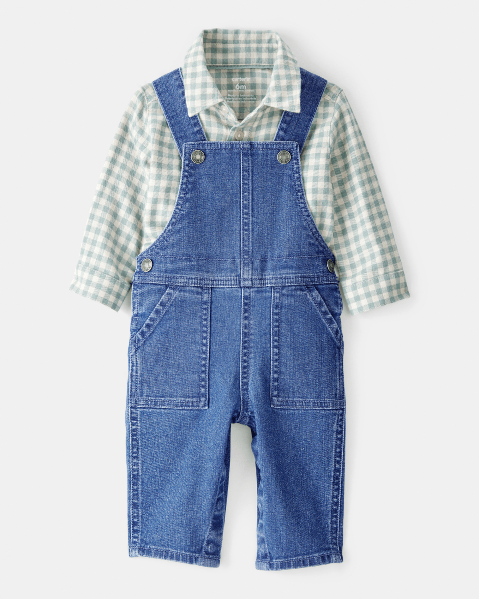 Conjunto 2 piezas camisa de cuadros y peto denim