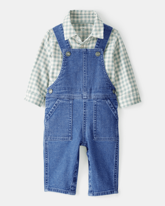 Conjunto 2 piezas camisa de cuadros y peto denim