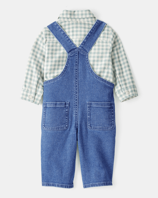 Conjunto 2 piezas camisa de cuadros y peto denim