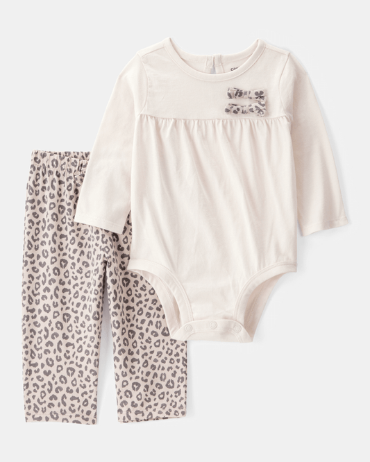 Conjunto 2 piezas con body de lazos y pantalón leopardo