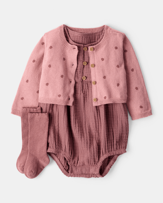 Conjunto 3 piezas body burbuja, cárdigan de bellotas y leotardos