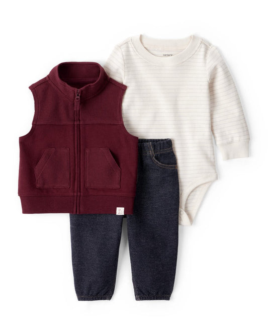 Conjunto 3 piezas body, chaleco rojo y pantalón denim