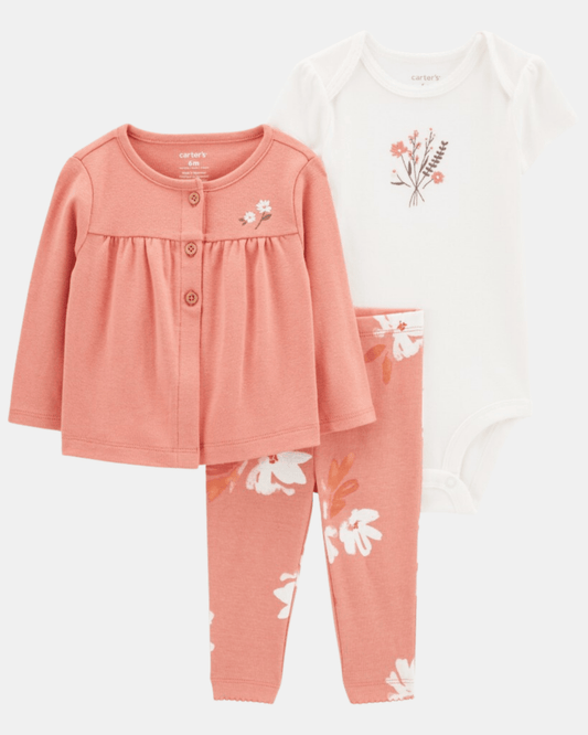 Conjunto 3 piezas, body de algodón, chaqueta y calza, diseño floral en color coral