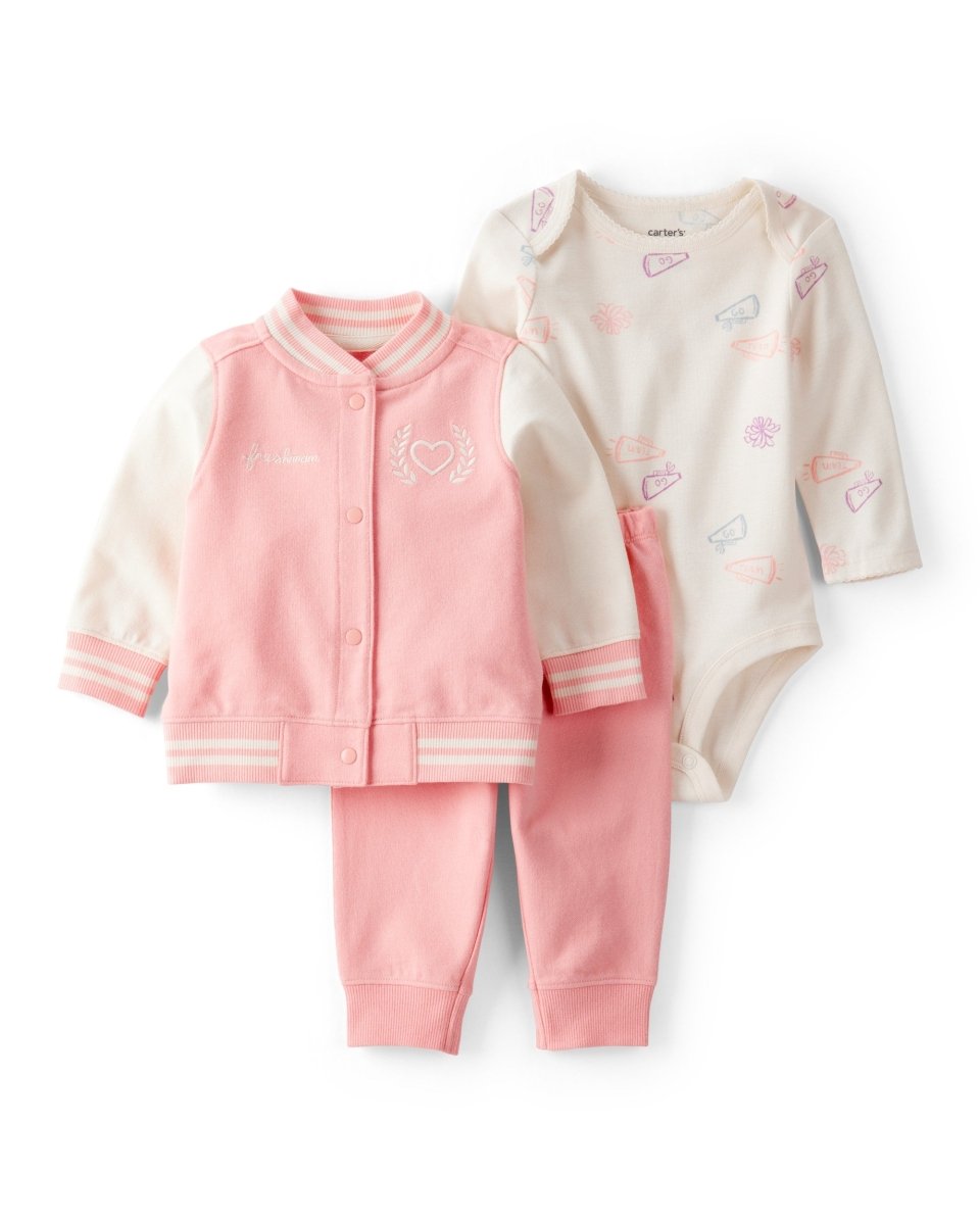 Conjunto 3 piezas cárdigan varsity rosa, body y pantalón