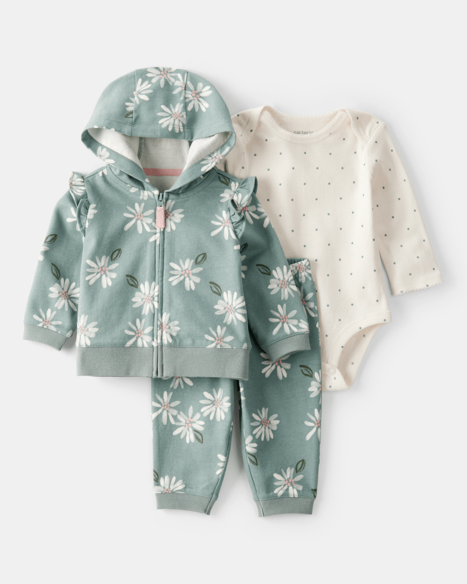 Conjunto 3 piezas cárdigan verde menta, body floral y pantalón
