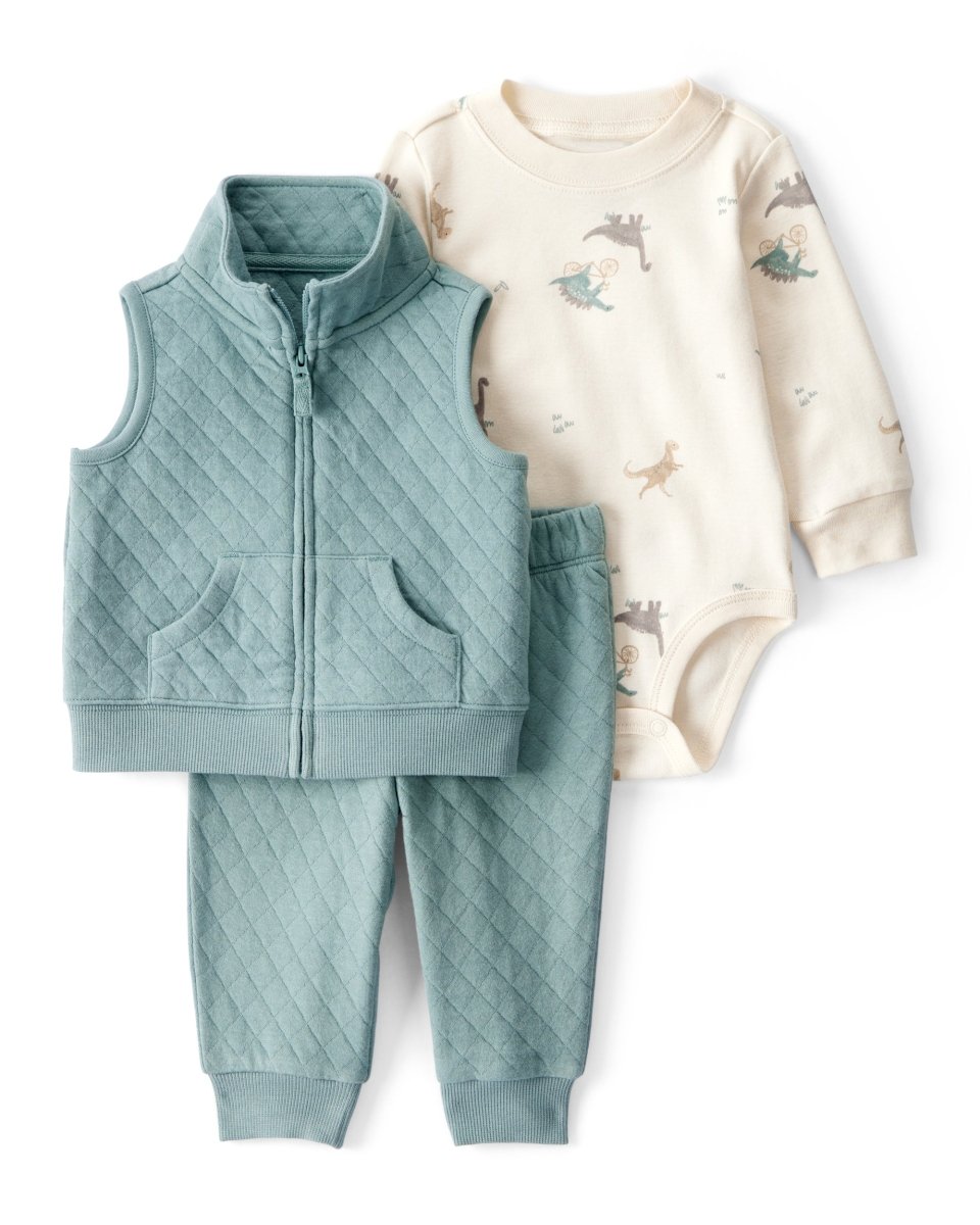 Conjunto 3 piezas con chaleco acolchado y dinosaurio