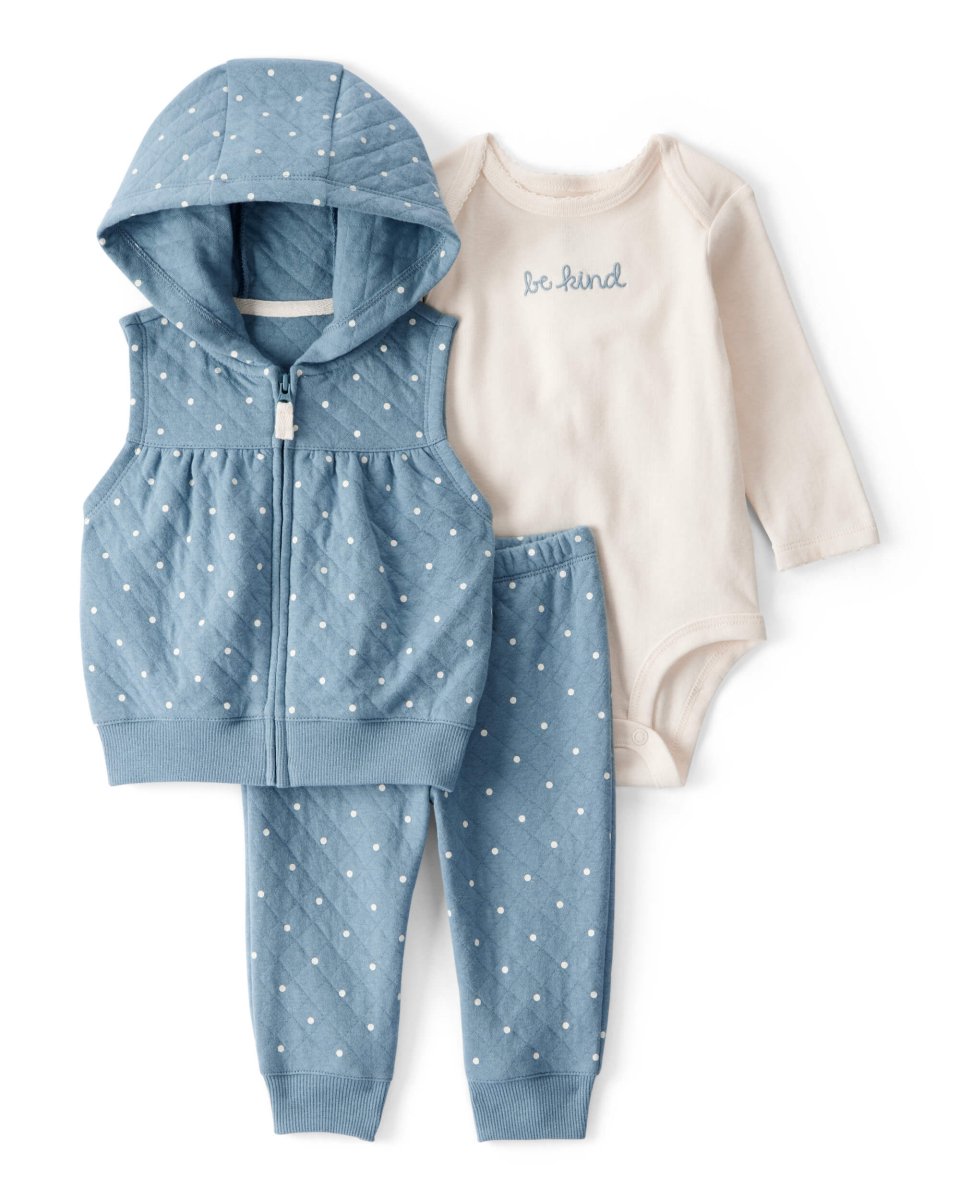 Conjunto 3 piezas con chaleco de lunares y body estampado