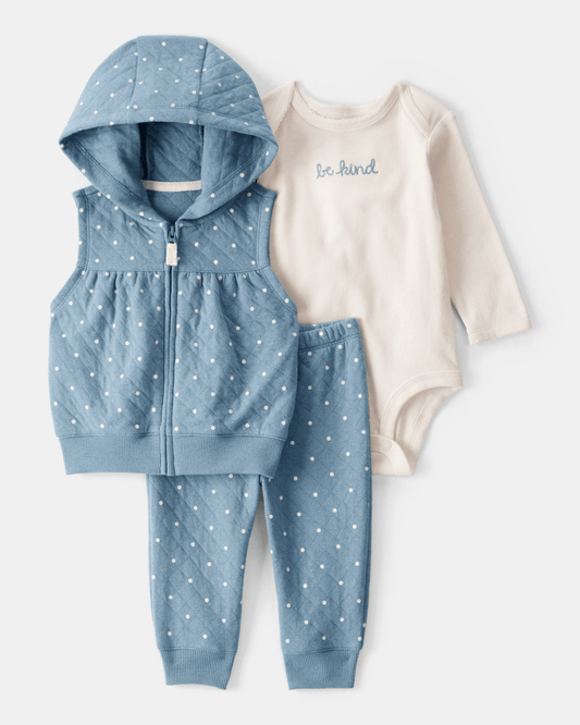 Conjunto 3 piezas con chaleco de lunares y body estampado