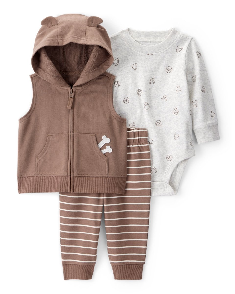 Conjunto tres piezas chaleco con capucha, body estampado perro y pantalón