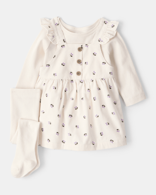 Conjunto 3 piezas con vestido jumper floral de pana