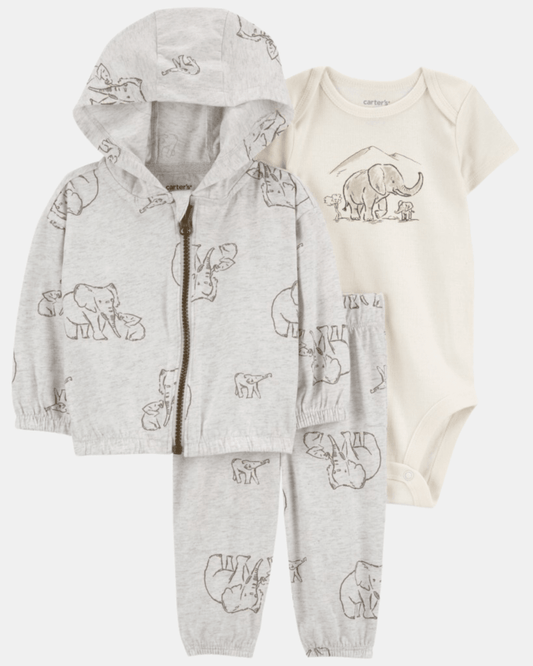 Conjunto 3 piezas de algodón, chaqueta con capucha, pantalón y body, diseño elefante