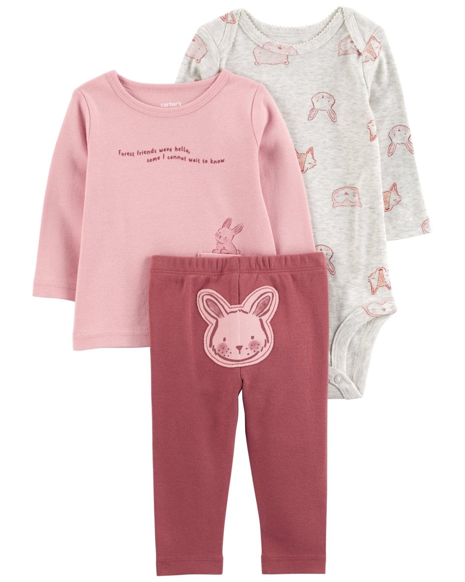 Conjunto tres piezas de algodón, pantalón, camiseta y body, diseño conejos