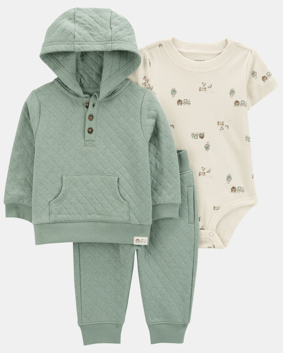 Conjunto 3 piezas de algodón, pantalón y canguro con capucha acolchados, más body