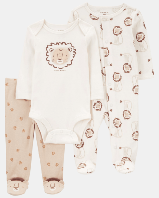 Conjunto 3 piezas de algodón, pijama con pie, pantalón y body, diseño león