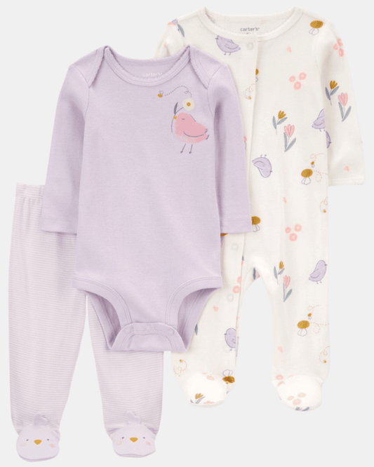 Conjunto 3 piezas de algodón, pijama con pie, pantalón y body, diseño pájaro