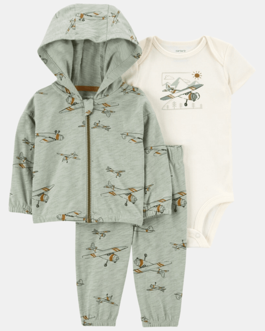 Conjunto 3 piezas de chaqueta, pantalón y body corto, diseño aviones