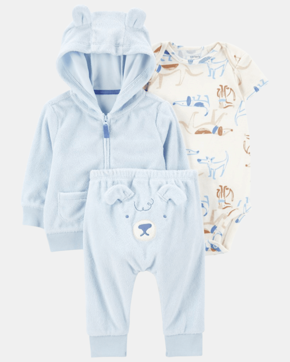 Conjunto 3 piezas de chaqueta, pantalón y body corto, diseño perro