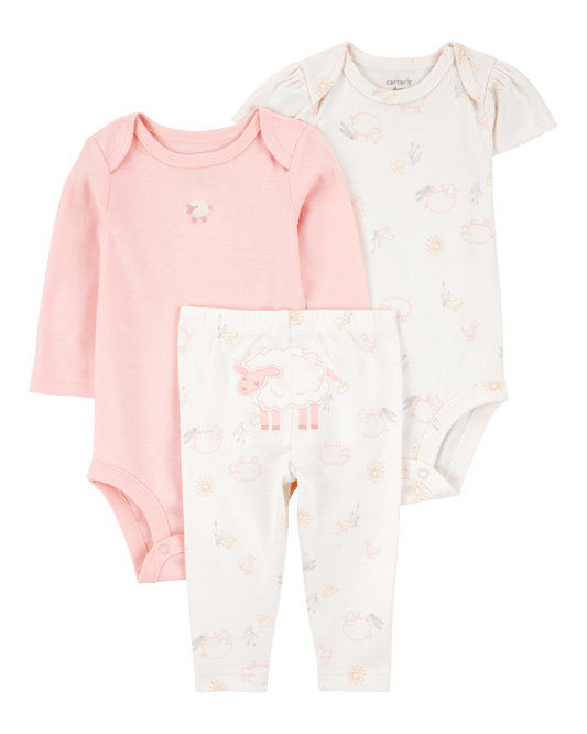 Conjunto tres piezas dos bodies y pantalón con diseño oveja