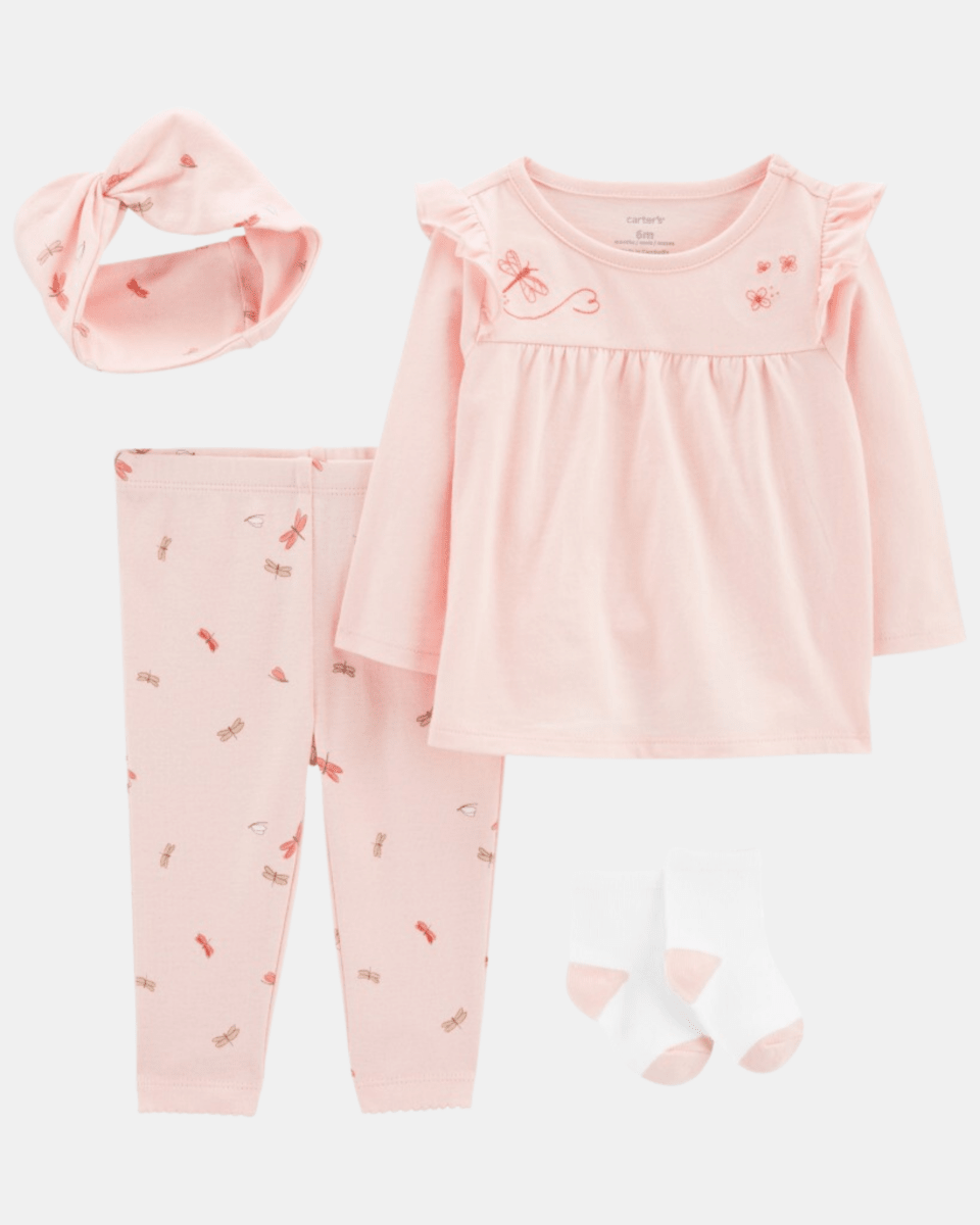 Conjunto 4 piezas, camiseta de algodón, calza, turbante y calcetines, diseño de libélulas en color rosa