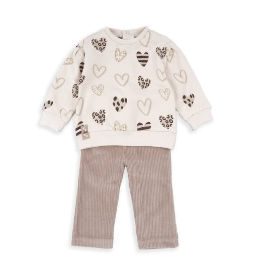 Ensemble 2 pièces bébé fille Babybol – Sweat cœur et pantalon en velours côtelé beige (Réf. 522151030) 