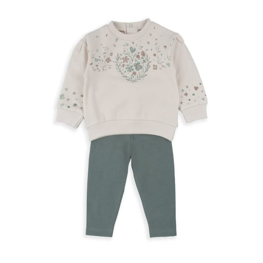 Conjunto bebé niña Babybol 2 piezas – Sudadera beige con flores y leggings verdes (Ref. 522151064)