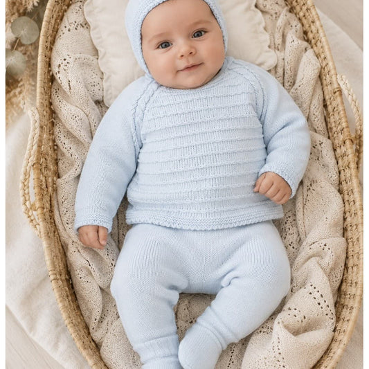 Conjunto de primera puesta celeste para bebé Alma Petit Lana 100% acrílico con gorrito y polaina 621100045