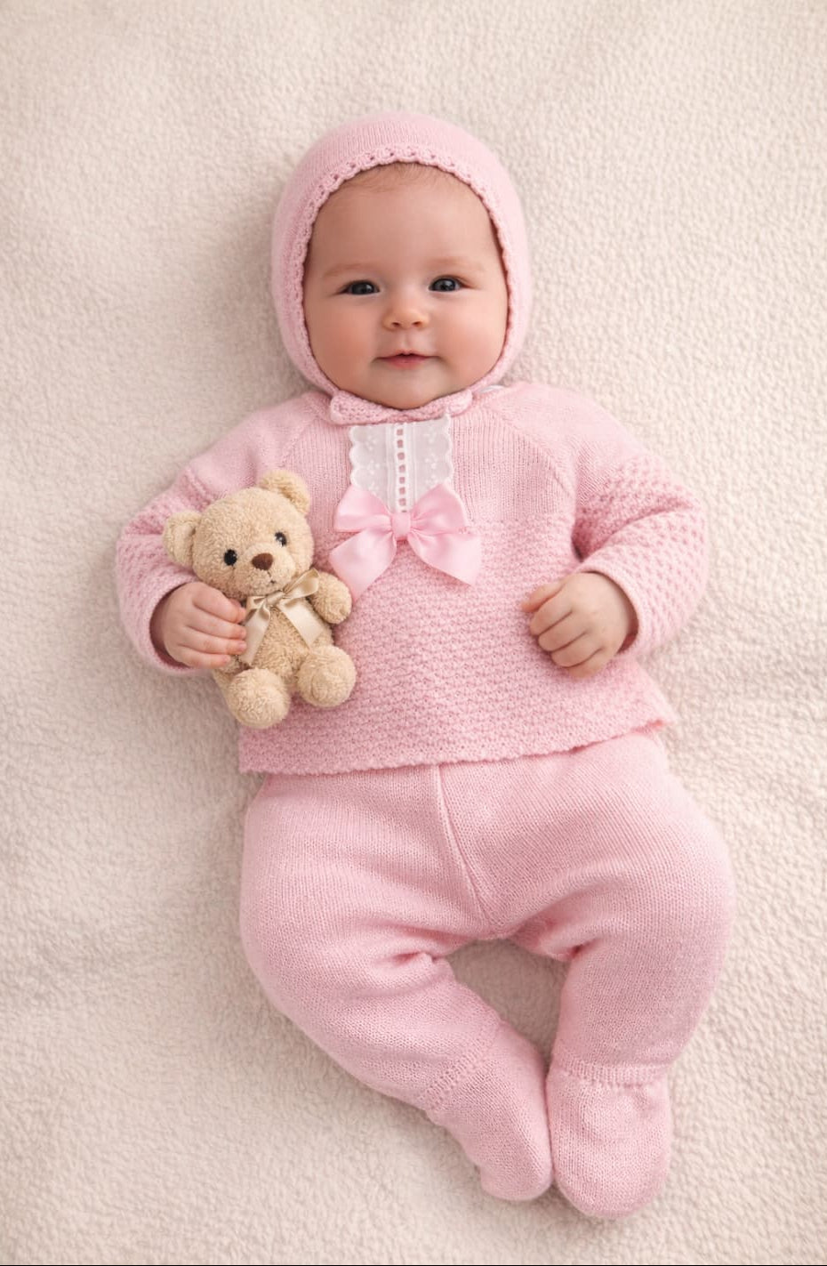 Conjunto bebé de hilo con gorrito Pelottas cinta lacito 621000915