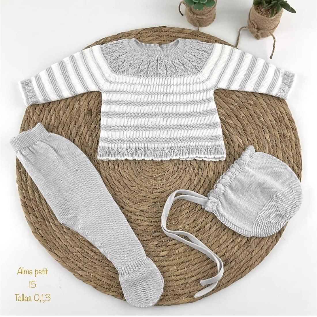 Conjunto de hilo perlé 3 piezas para bebé Alma Petit rayas gris 521000015