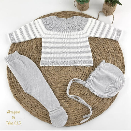Conjunto de hilo perlé 3 piezas para bebé Alma Petit rayas gris 521000015