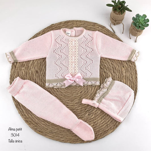 Conjunto primera puesta hilo perlé para bebé Alma Petit 3014 Rosa Camel Zip Zap