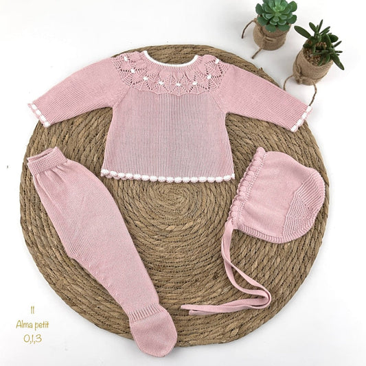 Conjunto primera puesta para bebé Alma Petit 11 Maquillaje hilo perlé