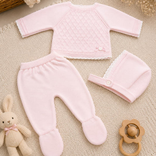 Conjunto de bebé de lana 3 piezas con polaina y capota Pelottas 621102020 Rosa