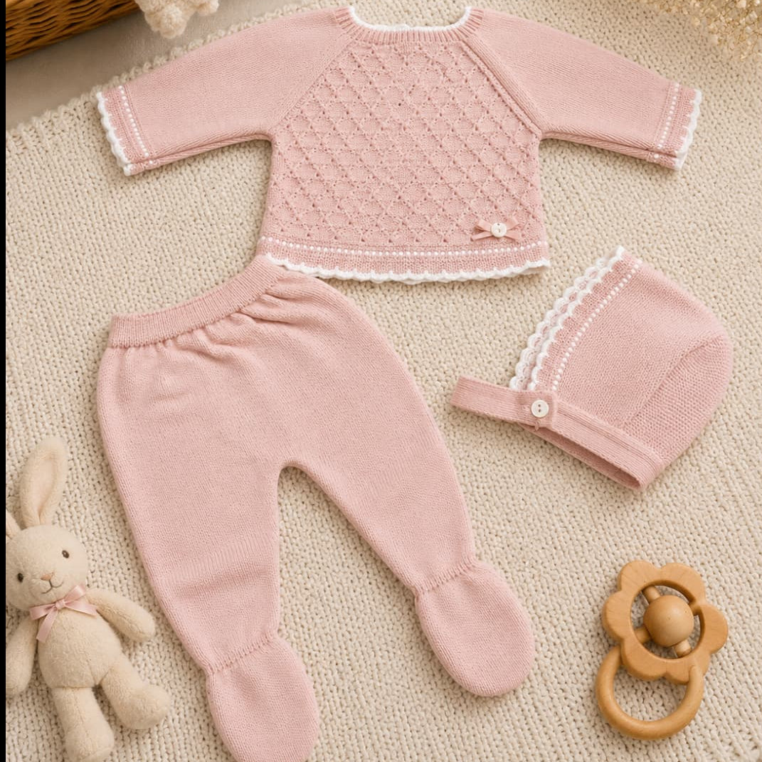 Ensemble bébé en laine Glory – Bleu clair à pompons 27109 (0 à 6 mois) 