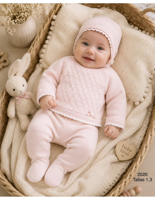 Conjunto de bebé de lana 3 piezas con polaina y capota Pelottas 621102020 Rosa