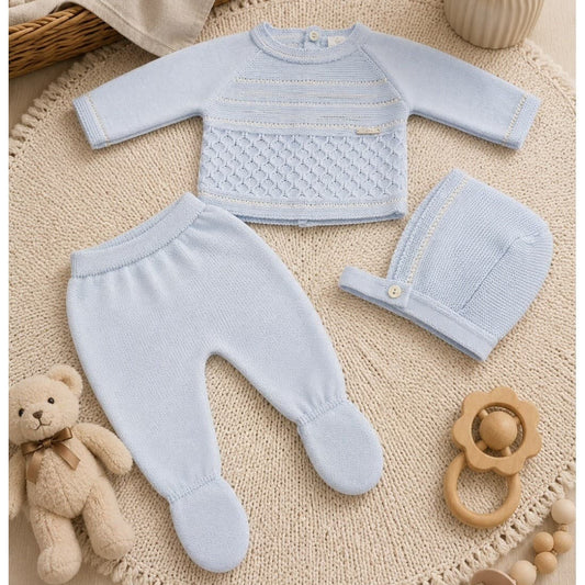 Conjunto primera puesta bebé de lana 3 piezas con polaina y capota Pelottas 621102013 Celeste