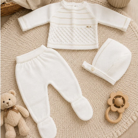 Conjunto primera puesta bebé de lana 3 piezas con polaina y capota Pelottas 621102013 Crudo