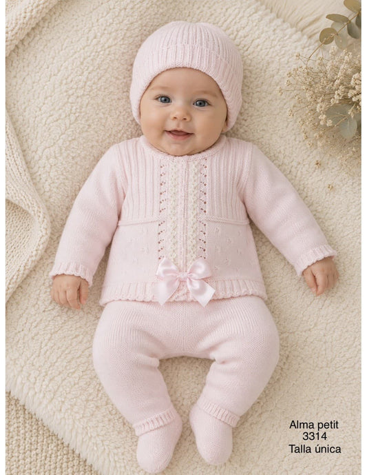 Conjunto primera puesta para bebé de lana 3314 Rosa Alma Petit encaje