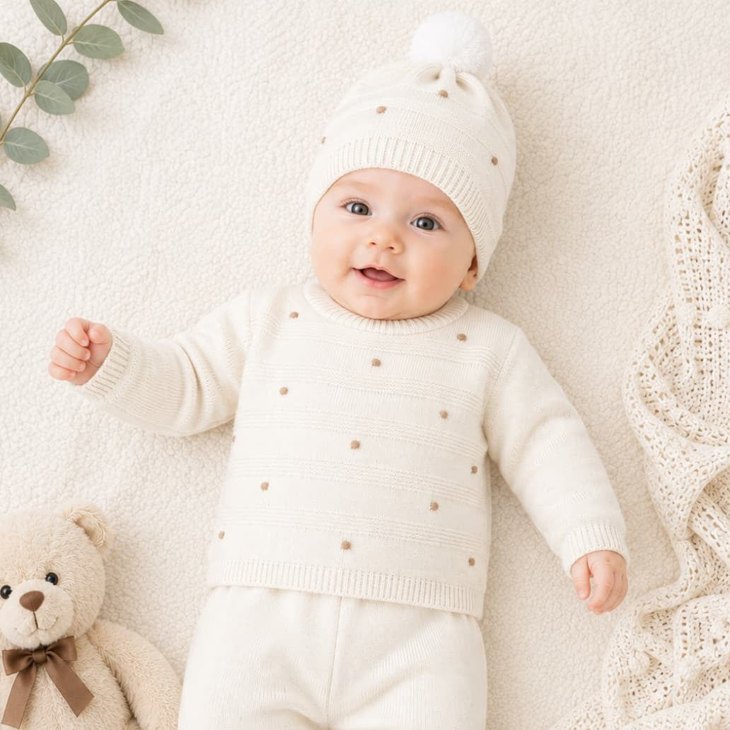 Conjunto de lã Glory Baby – Azul Claro com Pompons 27109 (0 a 6 meses) 