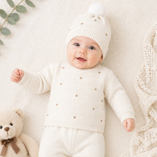 Conjunto de invierno para bebé de punto tres piezas en crudo con jersey, polaina y gorro con pompón Pelottas 621102012