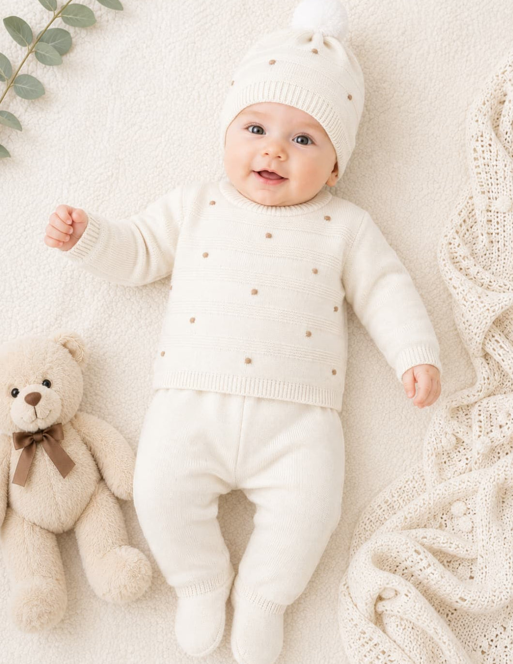 Conjunto de lã Glory Baby – Azul Claro com Pompons 27109 (0 a 6 meses) 