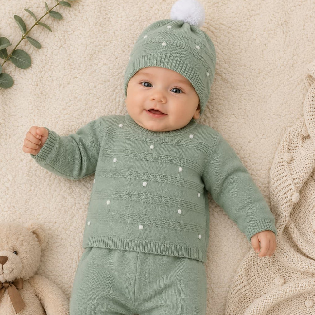 Conjunto de lã Glory Baby – Azul Claro com Pompons 27109 (0 a 6 meses) 
