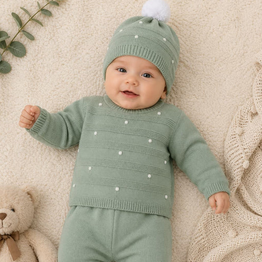 Conjunto de invierno para bebé de punto tres piezas con jersey, polaina y gorro con pompón Pelottas 621102012